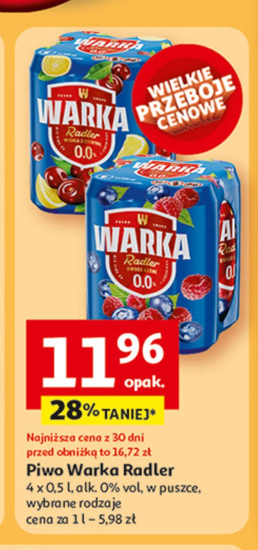 Piwo Warka radler owoce leśne 0% promocja w Auchan
