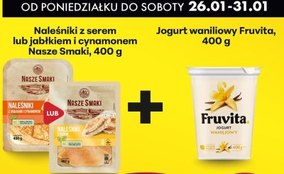 Naleśniki z serem lub jabłkiem i cynamonem Nasze Smaki + Jogurt waniliowy Fruvita promocja w Biedronka