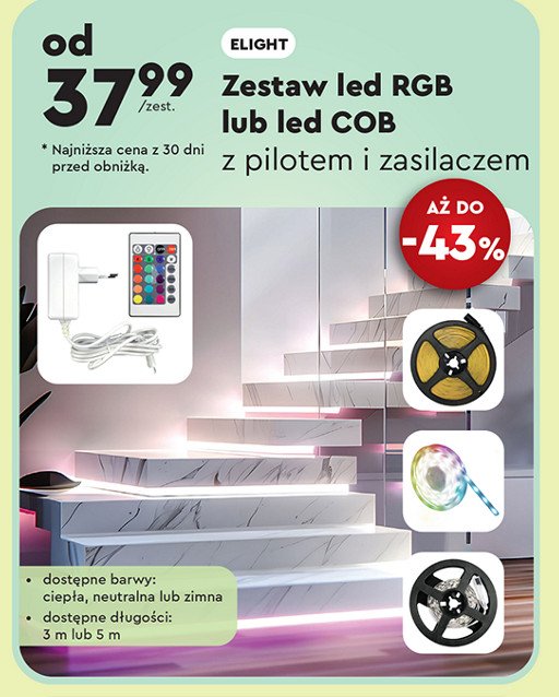 Zestaw led cob z pilotem i zasilaczem E-LIGHT promocja w Biedronka