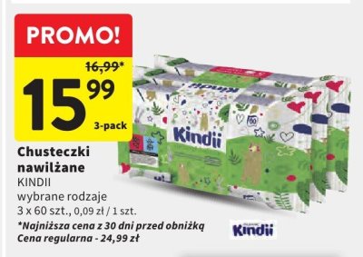 Chusteczki nawilżane KINDII wybrane rodzaje 3-pack promocja w Intermarche