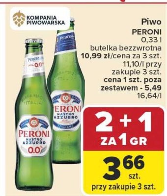 Piwo Peroni Nastro Azzurro 0.0% bezalkoholowe promocja w Carrefour