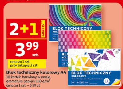 Blok techniczny kolorowy A4 10 kartek, barwiony w masie, gramatura papieru 160 g/m² promocja w Auchan