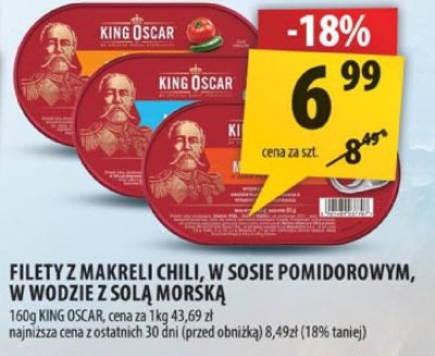 Filety z makreli chili, w sosie pomidorowym, w wodzie z solą morską King Oscar promocja w Arhelan