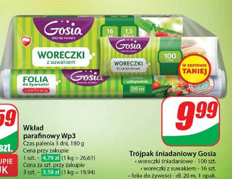 Zestaw: woreczki śniadaniowe 100 szt + woreczki z suwakiem 16 szt + folia do żywności 20 m Gosia promocja