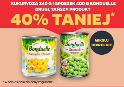 Kukurydza 340 g i groszek 400 g Bonduelle drugi, -40% taniej promocja w Netto