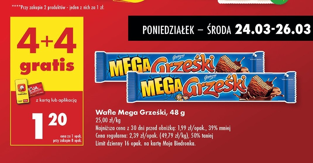 Wafelek kakaowy w czekoladzie deserowej Grześki mega promocja w Biedronka