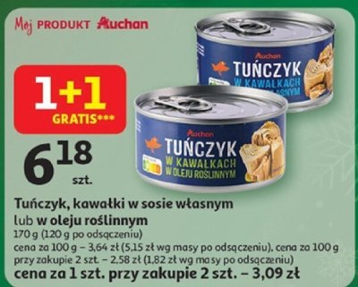 Tuńczyk, kawałki w sosie własnym lub w oleju roślinnym 170 g (120 g po odcedzeniu) promocja w Auchan