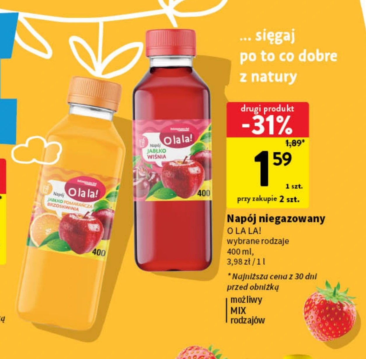 Napój jabłko pomarańcza brzoskwinia O la la! promocja w Intermarche