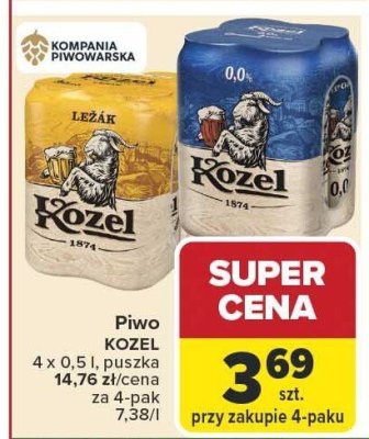 Piwo Kozel Ležák 4 x 0,5 l puszka promocja w Carrefour Market