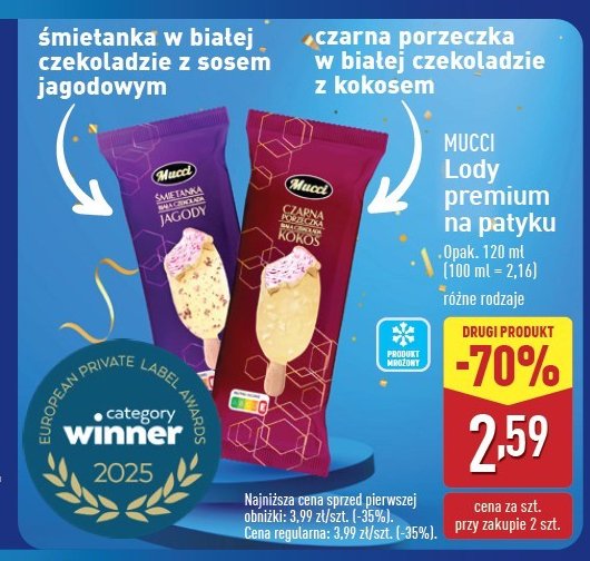 Lody czarna porzeczka kokos Mucci promocja w Aldi