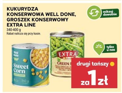 Kukurydza konserwowa Well Done, groszek konserwowy Extra Line promocja w Stokrotka