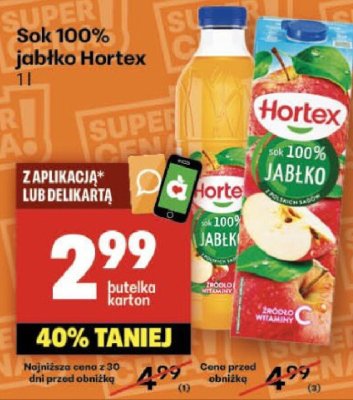 Sok 100% jabłko Hortex promocja w Delikatesy Centrum