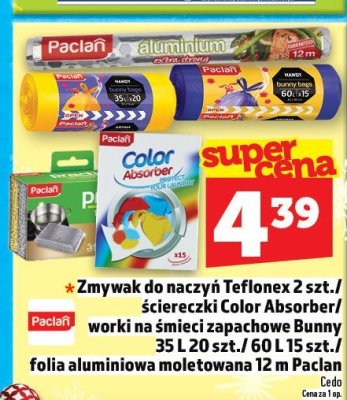 Zmywak do naczyń Teflonex 2 szt./ściereczki Color Absorber/worki na śmieci zapachowe Bunny 35 L 20 szt./60 L 15 szt./folia aluminiowa moletowana 12 m Paclan promocja w TOPAZ