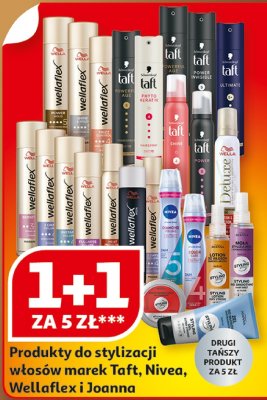 Produkty do stylizacji włosów marek Taft, Nivea, Wellaflex i Joanna promocja w Auchan
