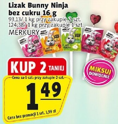 Lizak Bunny Ninja bez cukru 16 g MERKURY promocja w Prim Market