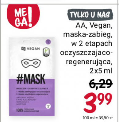 #mask, maseczka - zabieg w 2 etapach maska peelingująco-oczyszczająca i maska nawilżająco-regenerująca Aa vegan promocja
