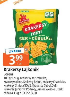 Krakersy Lajkonik mini ser+cebulka, solone, Bekon, Chakalaka, ŚmietaNOVE, CebuLOVE, Junior w Podróży, Junior Wesołe Literki Lorenz promocja w Leclerc
