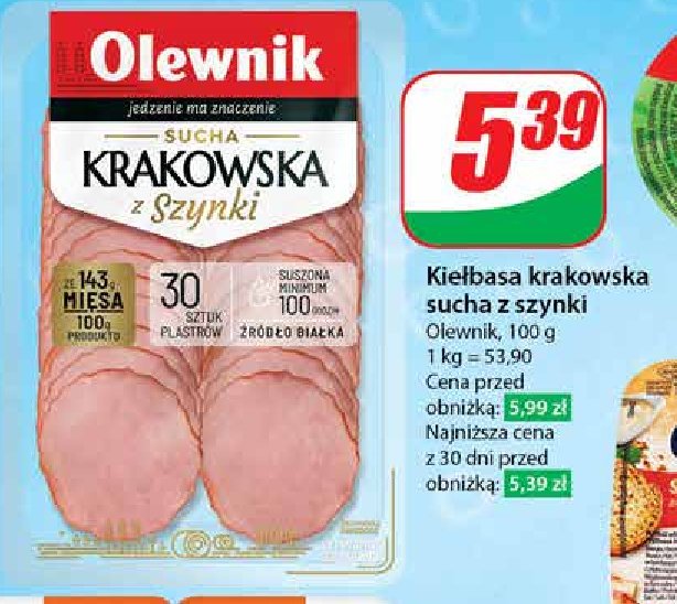 Kiełbasa krakowska sucha z szynki Olewnik promocja w Dino