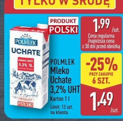 Mleko Łaciate 3,2% UHT promocja w Aldi