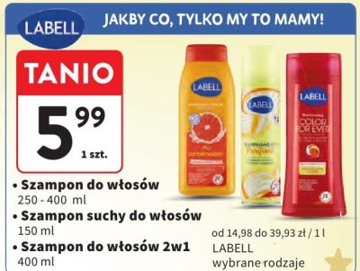 Szampon do włosów Labell 250 - 400 ml / szampon suchy do włosów Labell 150 ml / szampon do włosów 2w1 Labell 400 ml promocja w Intermarche