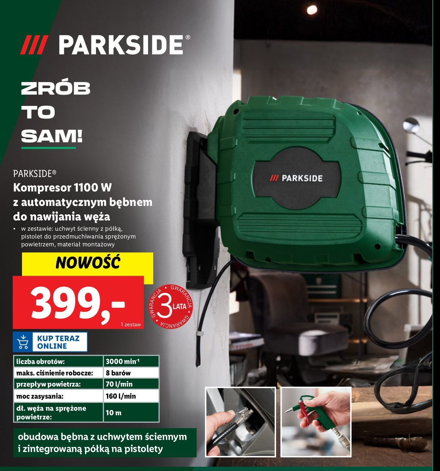 Kompresor bezolejowy z manometrem 1100 w Parkside promocja w Lidl