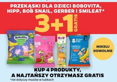 Przekąski dla dzieci Bobovita, HiPP, Bob Snail, Gerber i Smileat 3+1 gratis promocja w Netto