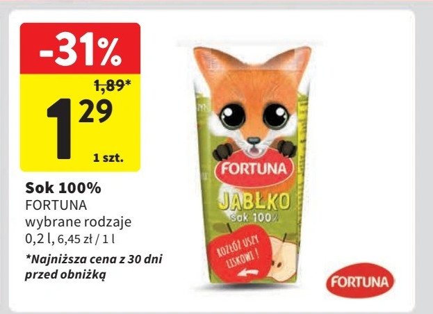 Sok jabłko Fortuna zwierzaki promocja w Intermarche