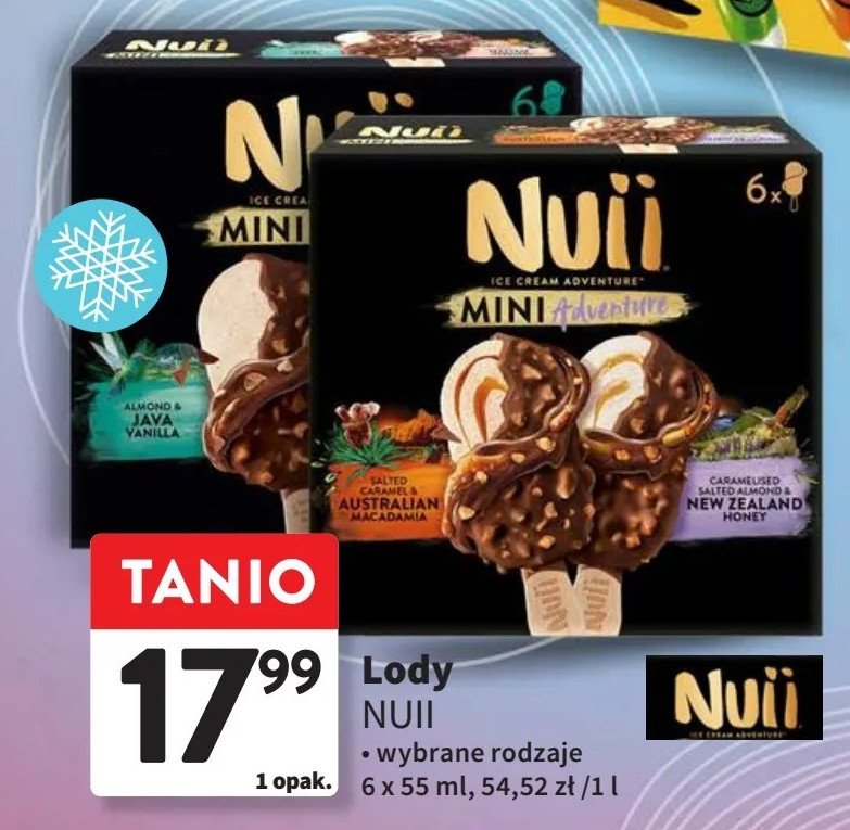 Lody na patyku mini adventure salted caramel & australian macadamia + dark chocolate & nordic berry Nuii promocja w Intermarche