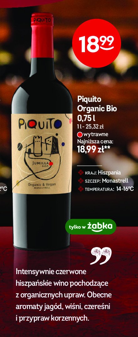 Wino wytrawne organic & vegan Piquito promocja w Żabka