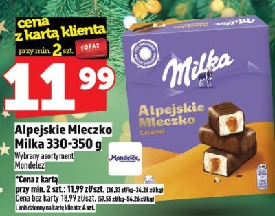 Czekolada Alpejskie Mleczko Milka 330-350g promocja w TOPAZ