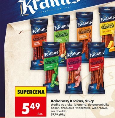 Kabanosy: słodka papryka, jalapeno, zielona cebulka, bekon, drobiowo-wieprzowe, wieprzowe, ser cheddar promocja w Biedronka