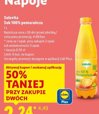 Sok pomarańczowy Solevita Sok 100% pomarańcza promocja w Lidl