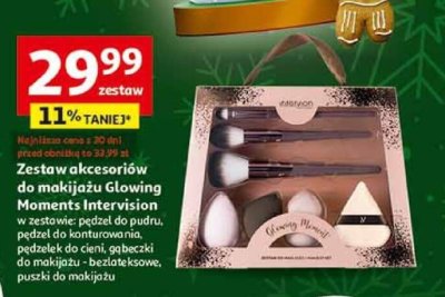 Zestaw akcesoriów do makijażu Glowing Moments Intervision w zestawie: pędzel do pudru, pędzel do konturowania, pędzelek do cieni, gąbeczki do makijażu, bezlateksowe, puszka do makijażu promocja w Auchan