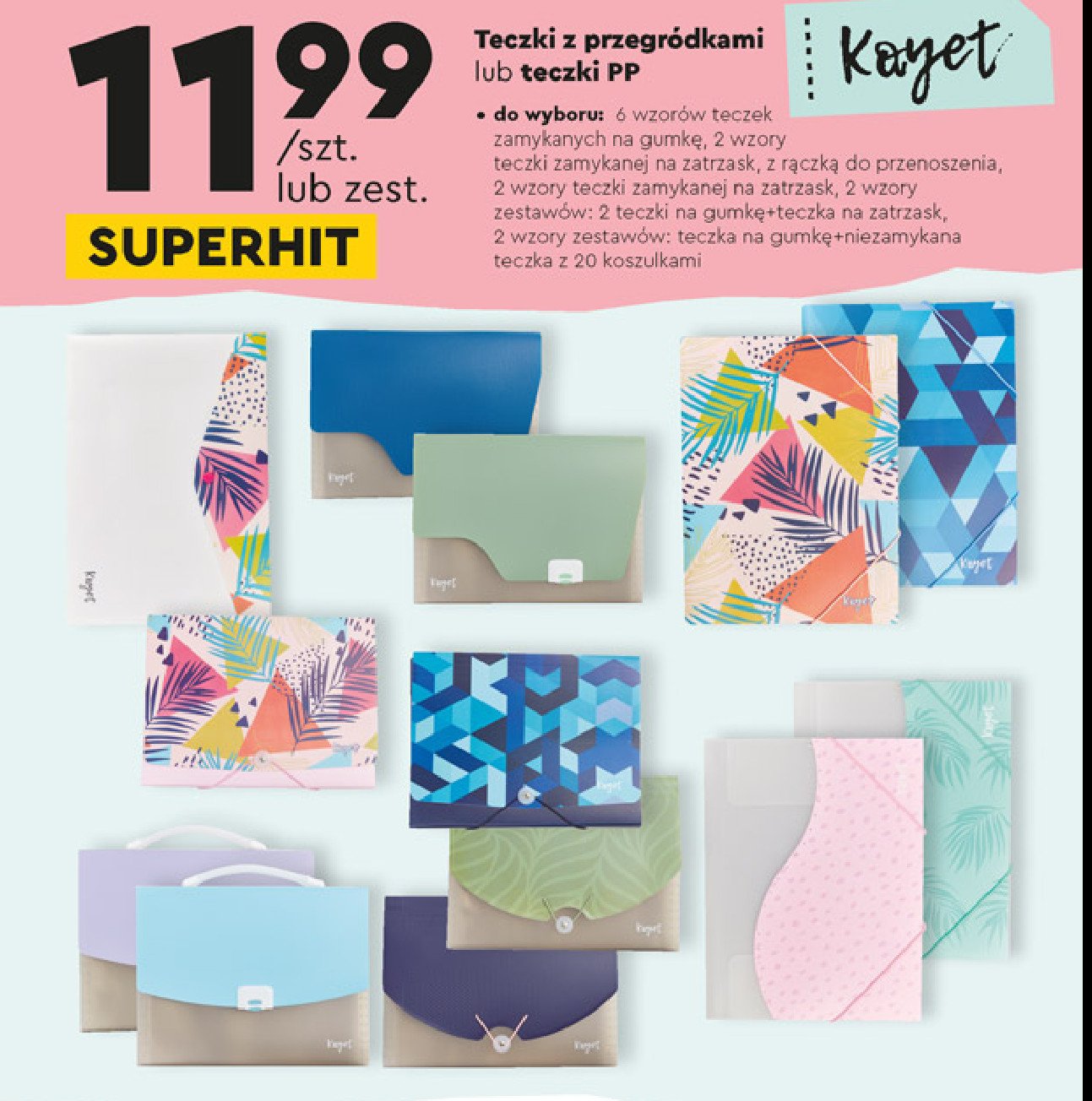 Teczki za gumke + teczka niezamykalna z 20 koszulkami Kayet promocja