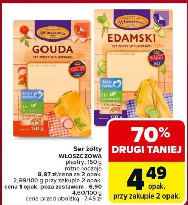 Ser żółty WŁOSZCZOWA plastry GOUDA, EDAMSKI promocja w Carrefour