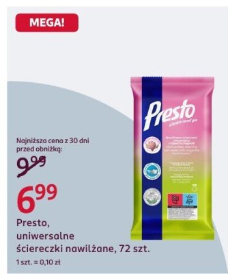 Ściereczki nawilżane Presto uniwersalne promocja w Rossmann