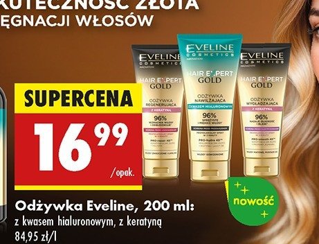 Odżywka nawilżająca z kwasem hialuronowym Eveline hair expert gold promocja w Biedronka