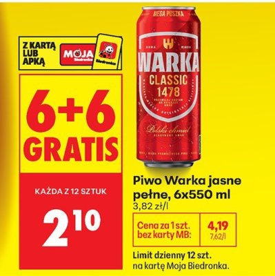 Piwo Warka jasne pełne  promocja w Biedronka