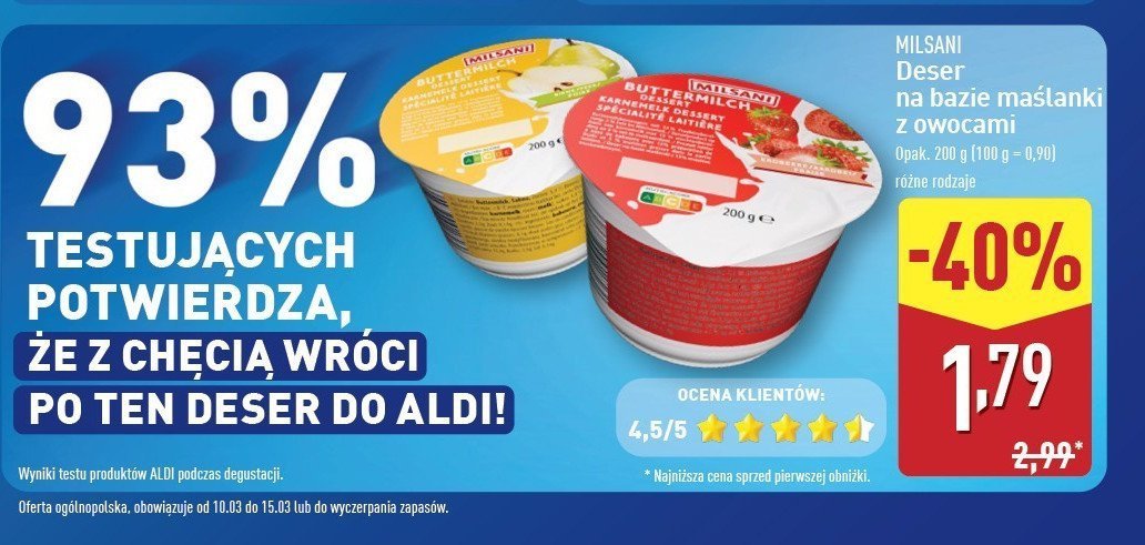 Deser na bazie maślanki truskawka Milsani promocja w Aldi