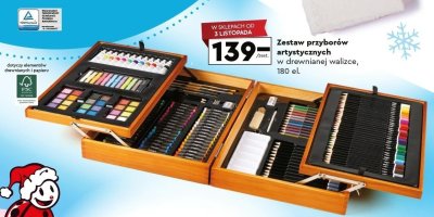 Zestaw przyborów artystycznych w drewnianej walizce, 180 el. promocja w Biedronka