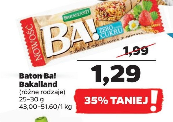 Baton 5 zbóż truskawka z quinoa Bakalland ba! zero cukru promocja