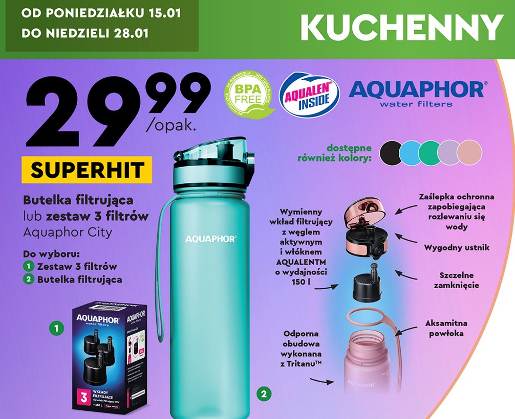 Butelka filtrująca + 3 wkłady filtrujące różowy Aquaphor promocja
