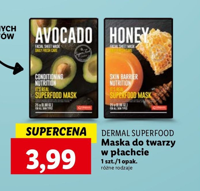 Maseczka do twarzy w płachcie honey Dermal superfood mask promocja