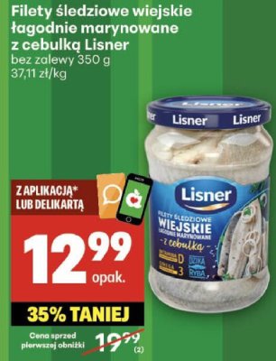 Filety śledziowe wiejskie łagodnie marynowane z cebulką Lisner bez zalewy promocja w Delikatesy Centrum