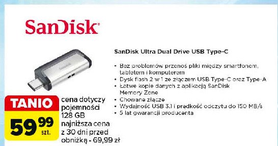 Pendrive ultra dual drive 128gb usb 3.0 - usb typ-c Sandisk promocja w Carrefour