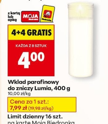 Wkład parafinowy do zniczy Lumia, 400 g 4+4 gratis promocja w Biedronka