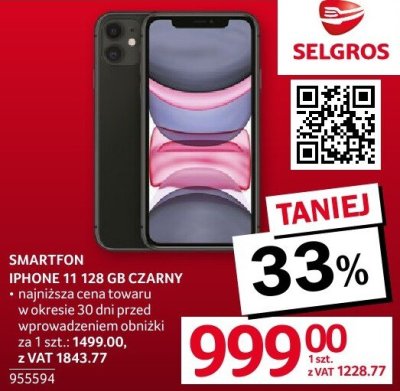 SMARTFON IPHONE 11 128 GB CZARNY promocja w Selgros