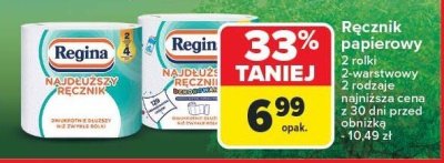 Ręcznik papierowy Regina 2 rolki 2-warstwowy 2 rodzaje najniższa cena z 30 dni przed obniżką - 10,49 zł promocja w Carrefour