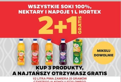 Wszystkie soki 100% nektary i napoje Hortex 2+1 GRATIS promocja w Netto