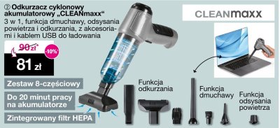 Odkurzacz cyklonowy akumulatorowy CLEANmaxx 3 w 1 funkcja dmuchawy odsysania powietrza i odkurzania z akcesoriami i kablem USB do ładowania promocja w Woolworth